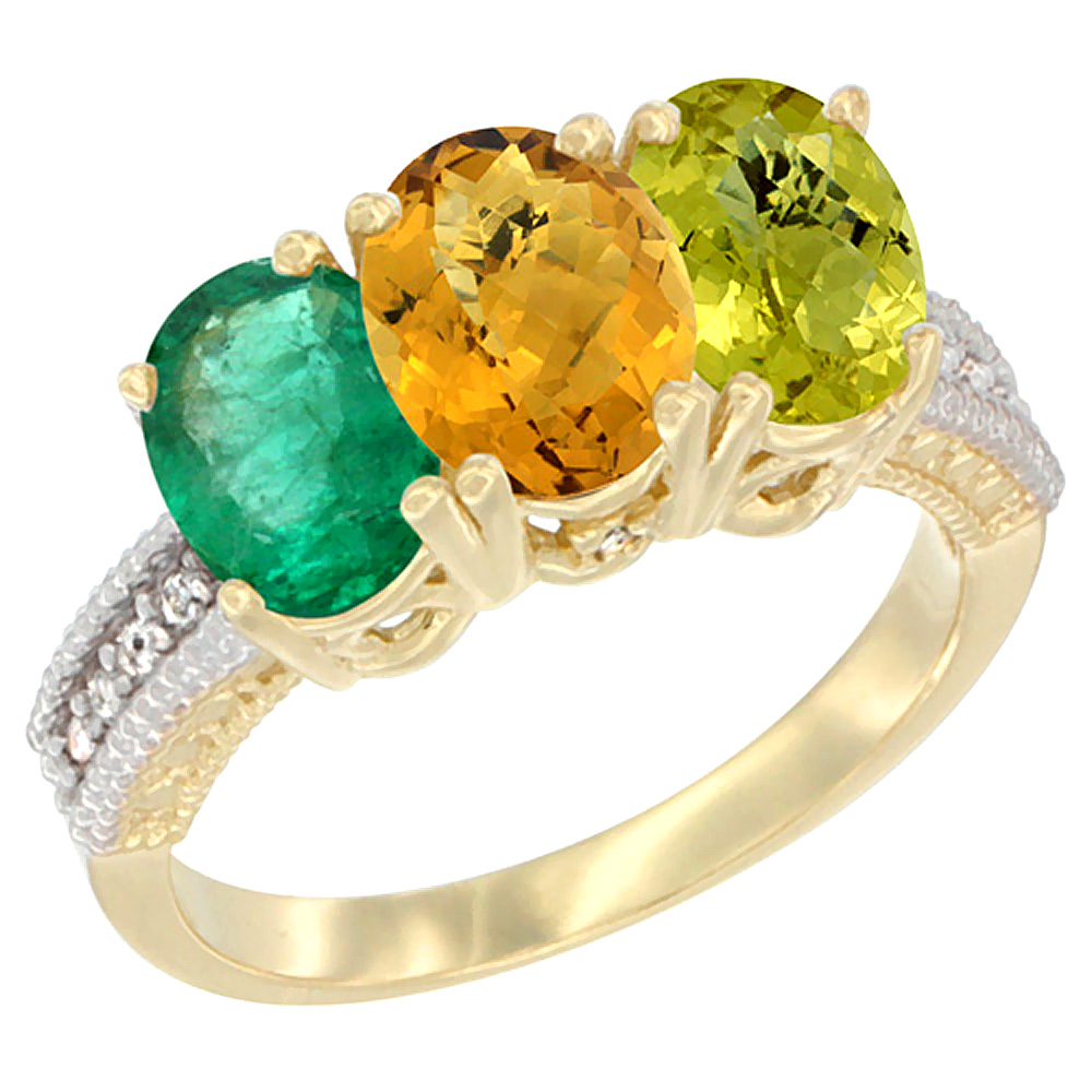 14K Yellow Gold Natural Emerald, Whisky Quartz &amp; Lemon Quartz Ring 3-Stone 7x5 mm Oval Diamond Accent, sizes 5 - 10