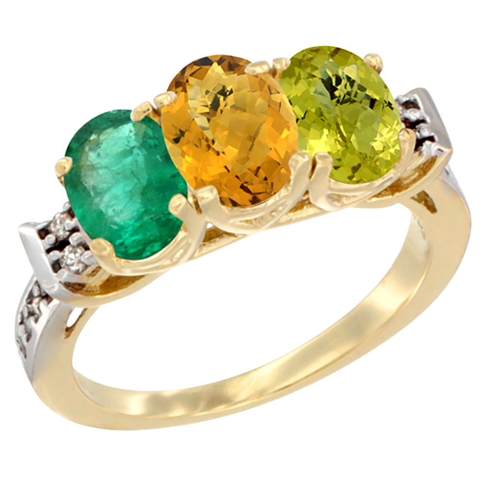 10K Yellow Gold Natural Emerald, Whisky Quartz &amp; Lemon Quartz Ring 3-Stone Oval 7x5 mm Diamond Accent, sizes 5 - 10