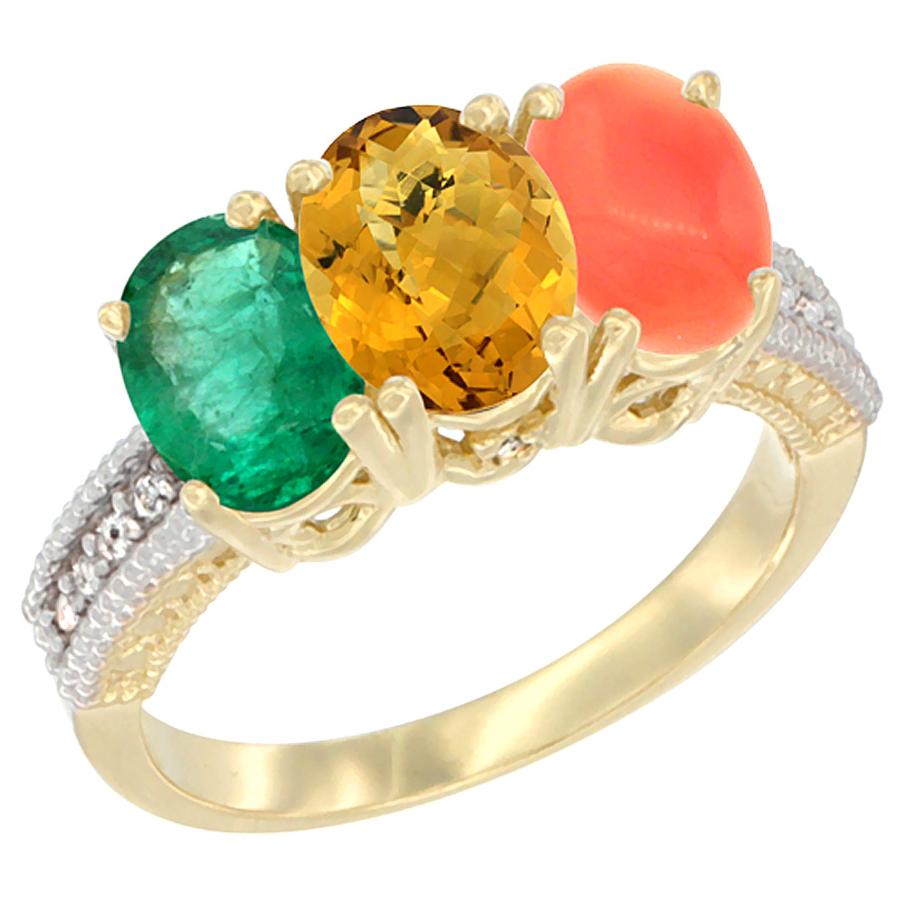 14K Yellow Gold Natural Emerald, Whisky Quartz & Coral Ring 3-Stone 7x5 mm Oval Diamond Accent, sizes 5 - 10