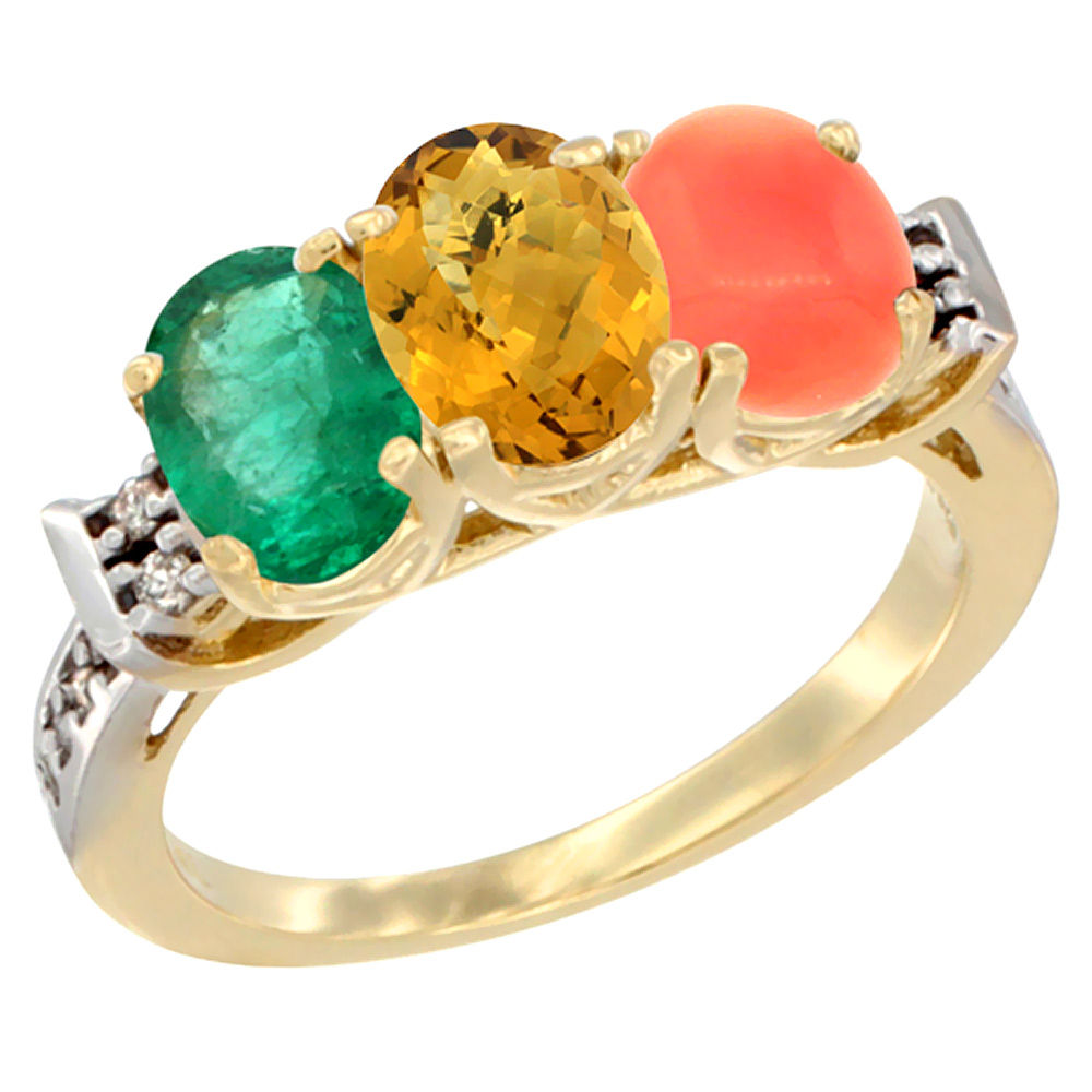 14K Yellow Gold Natural Emerald, Whisky Quartz & Coral Ring 3-Stone Oval 7x5 mm Diamond Accent, sizes 5 - 10