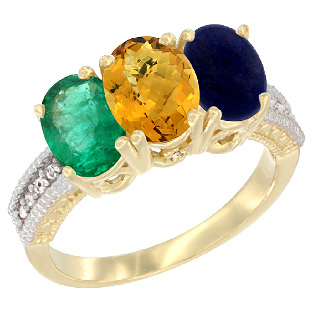 10K Yellow Gold Diamond Natural Emerald, Whisky Quartz & Lapis Ring 3-Stone 7x5 mm Oval, sizes 5 - 10