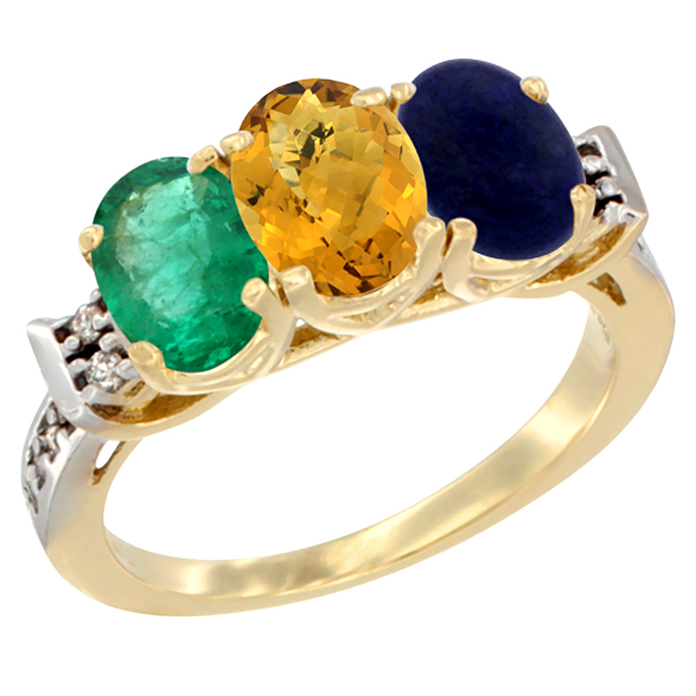 14K Yellow Gold Natural Emerald, Whisky Quartz &amp; Lapis Ring 3-Stone Oval 7x5 mm Diamond Accent, sizes 5 - 10