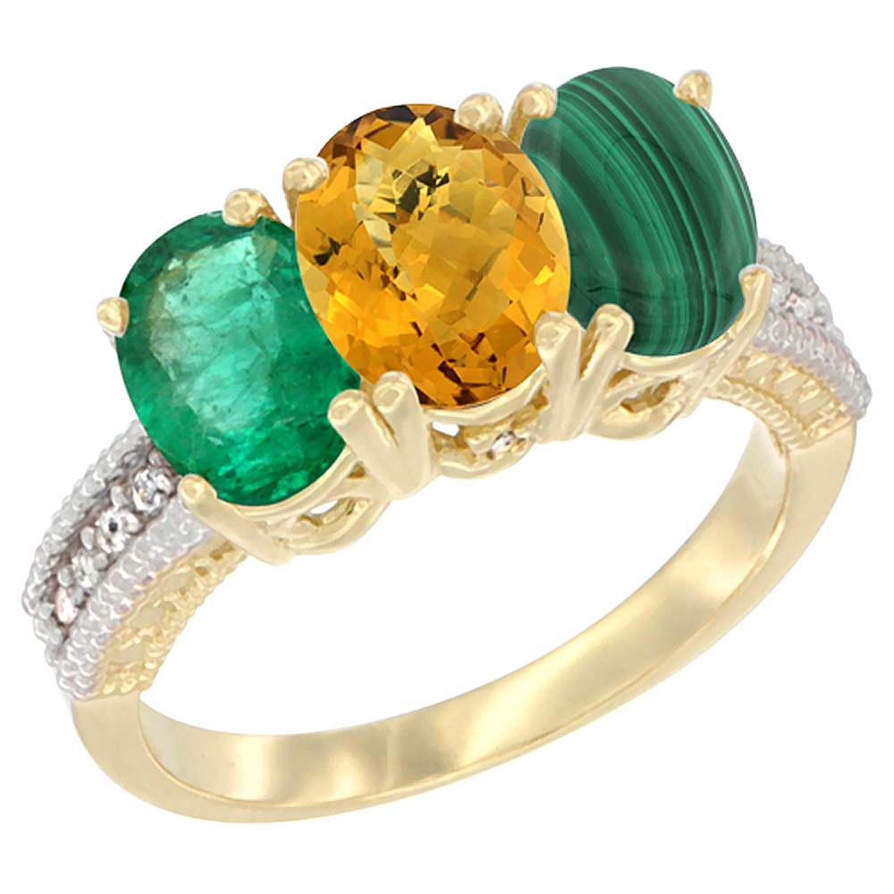 14K Yellow Gold Natural Emerald, Whisky Quartz &amp; Malachite Ring 3-Stone 7x5 mm Oval Diamond Accent, sizes 5 - 10