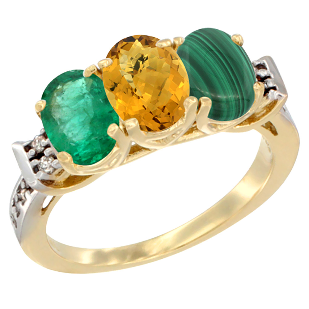 10K Yellow Gold Natural Emerald, Whisky Quartz & Malachite Ring 3-Stone Oval 7x5 mm Diamond Accent, sizes 5 - 10