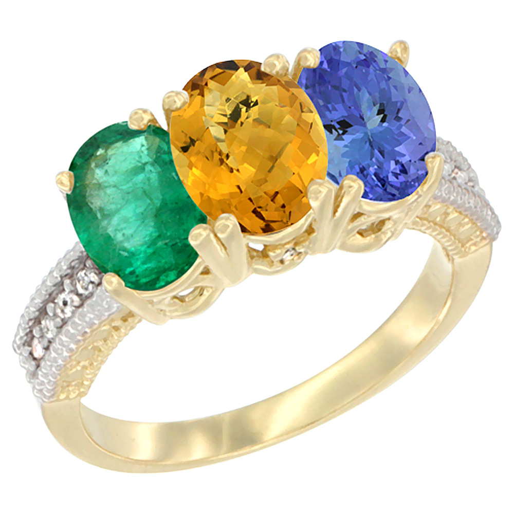 10K Yellow Gold Diamond Natural Emerald, Whisky Quartz & Tanzanite Ring 3-Stone 7x5 mm Oval, sizes 5 - 10
