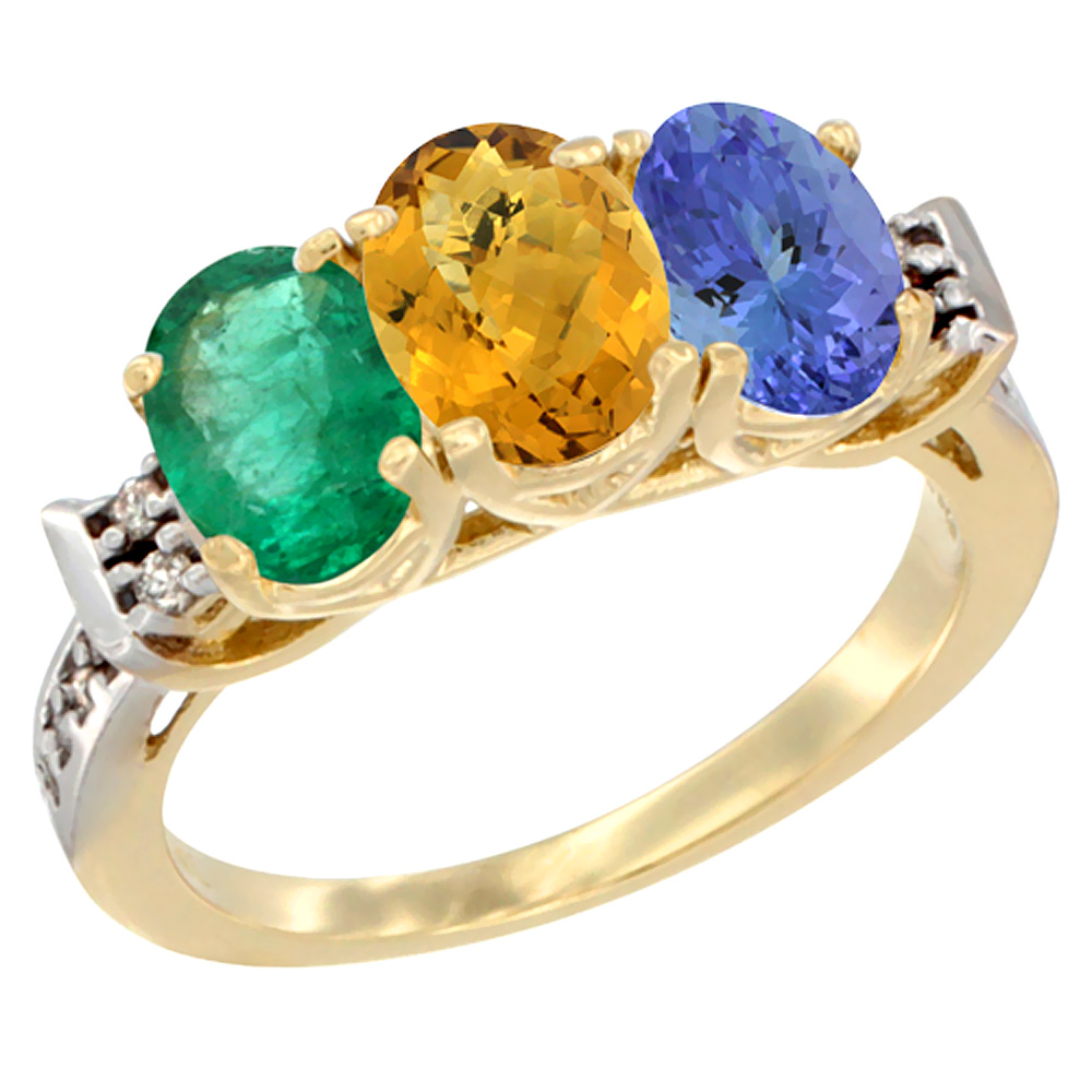 14K Yellow Gold Natural Emerald, Whisky Quartz & Tanzanite Ring 3-Stone Oval 7x5 mm Diamond Accent, sizes 5 - 10
