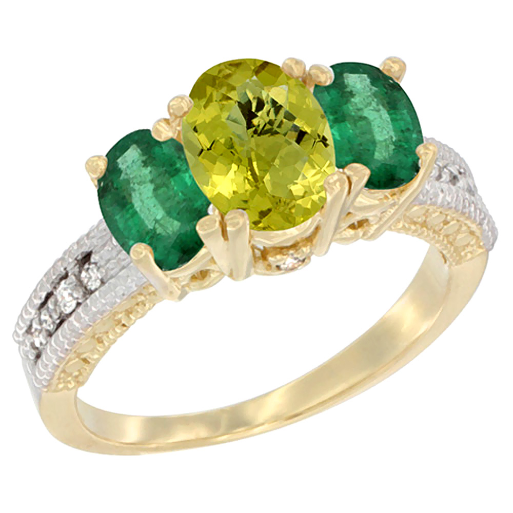 14K Yellow Gold Diamond Natural Lemon Quartz Ring Oval 3-stone with Emerald, sizes 5 - 10