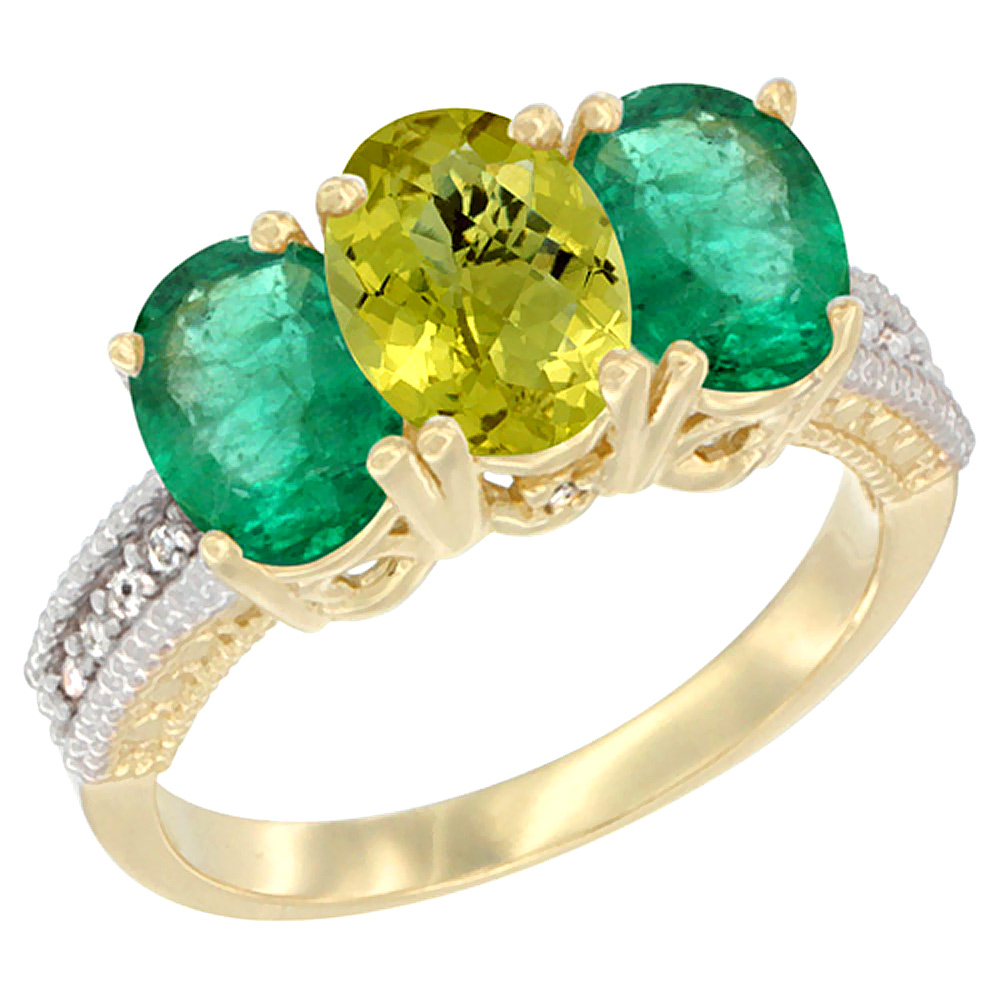 14K Yellow Gold Natural Lemon Quartz &amp; Emerald Sides Ring 3-Stone 7x5 mm Oval Diamond Accent, sizes 5 - 10