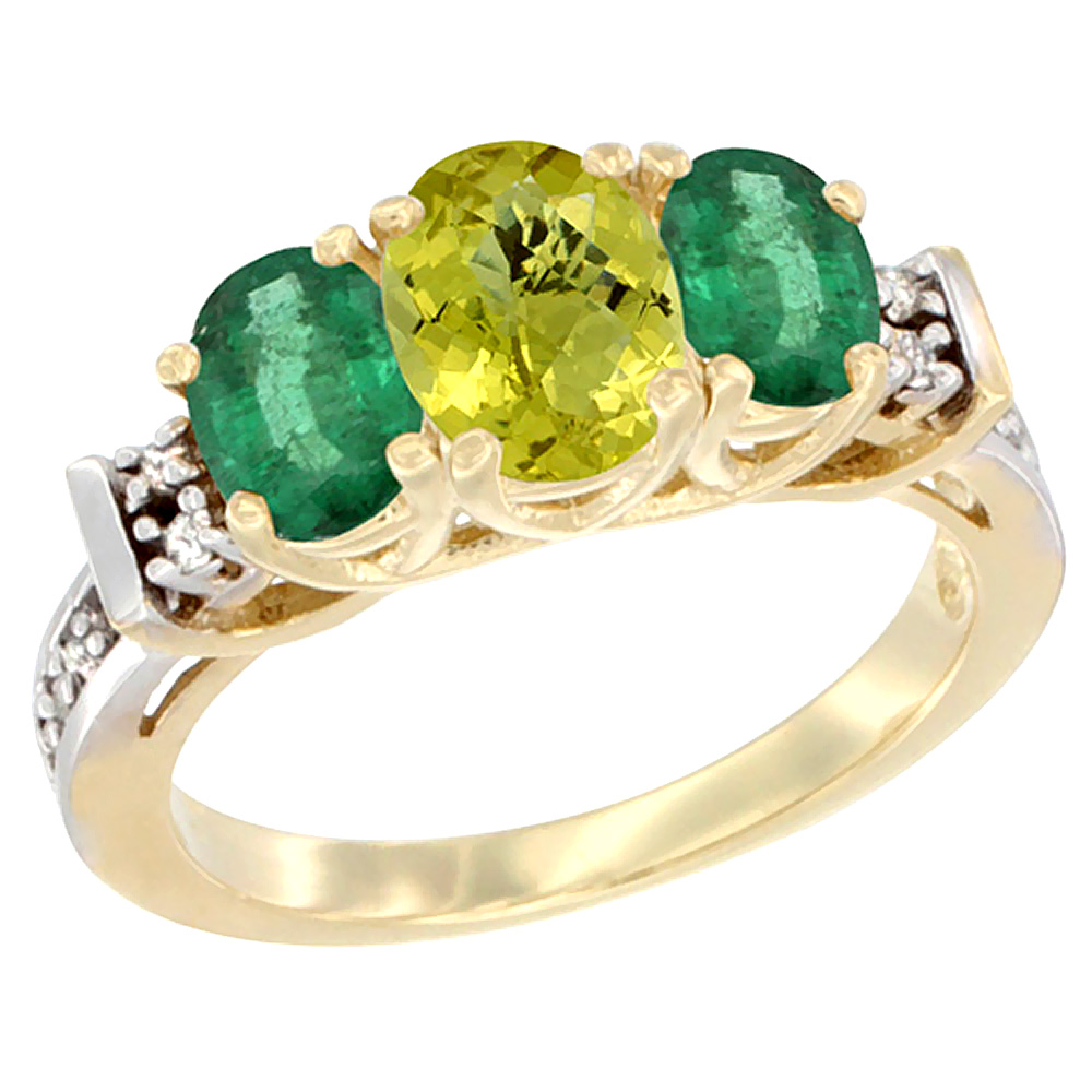 10K Yellow Gold Natural Lemon Quartz & Emerald Ring 3-Stone Oval Diamond Accent