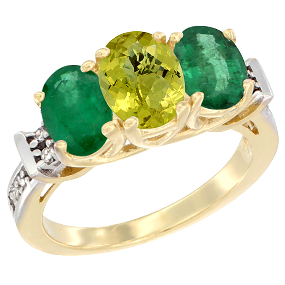 10K Yellow Gold Natural Lemon Quartz &amp; Emerald Sides Ring 3-Stone Oval Diamond Accent, sizes 5 - 10
