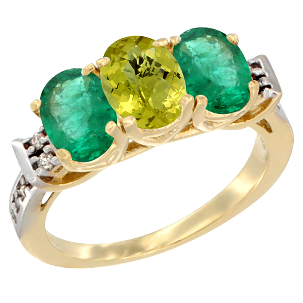 14K Yellow Gold Natural Lemon Quartz &amp; Emerald Sides Ring 3-Stone Oval 7x5 mm Diamond Accent, sizes 5 - 10