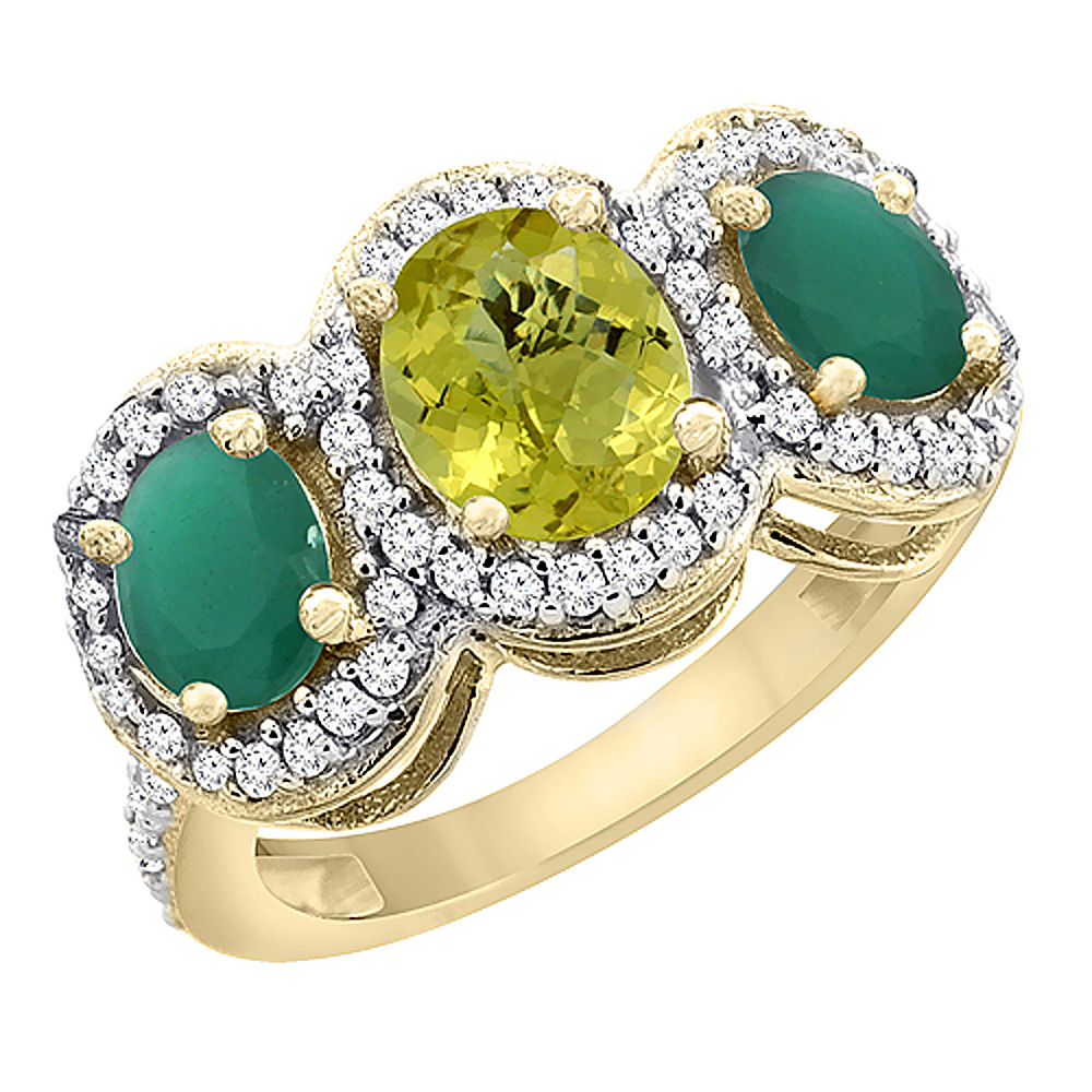 10K Yellow Gold Natural Lemon Quartz &amp; Cabochon Emerald 3-Stone Ring Oval Diamond Accent, sizes 5 - 10