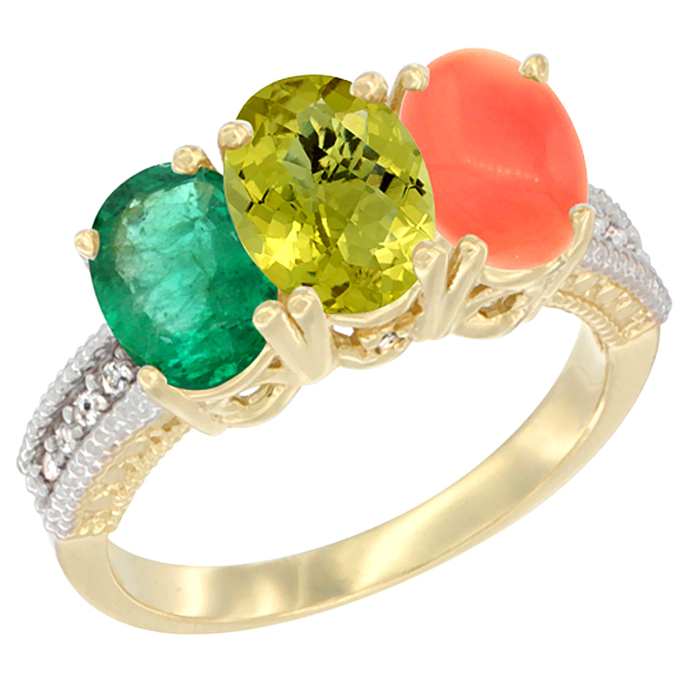 14K Yellow Gold Natural Emerald, Lemon Quartz & Coral Ring 3-Stone 7x5 mm Oval Diamond Accent, sizes 5 - 10