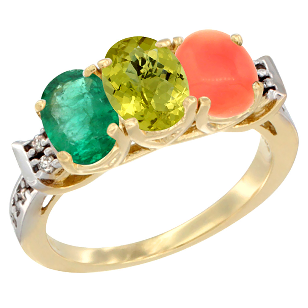 10K Yellow Gold Natural Emerald, Lemon Quartz &amp; Coral Ring 3-Stone Oval 7x5 mm Diamond Accent, sizes 5 - 10