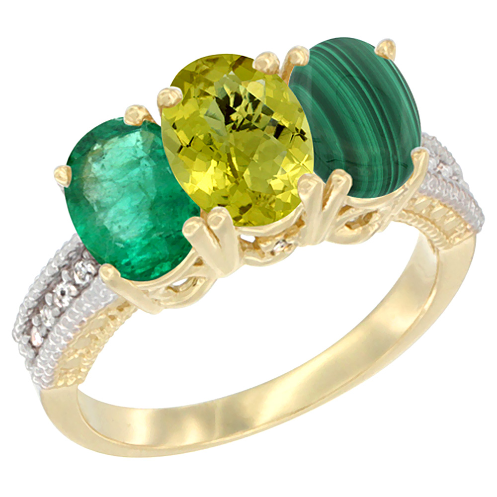 10K Yellow Gold Diamond Natural Emerald, Lemon Quartz &amp; Malachite Ring 3-Stone 7x5 mm Oval, sizes 5 - 10