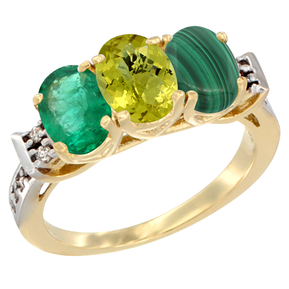 14K Yellow Gold Natural Emerald, Lemon Quartz &amp; Malachite Ring 3-Stone Oval 7x5 mm Diamond Accent, sizes 5 - 10