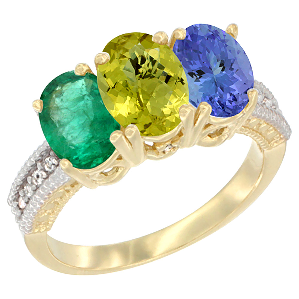 14K Yellow Gold Natural Emerald, Lemon Quartz &amp; Tanzanite Ring 3-Stone 7x5 mm Oval Diamond Accent, sizes 5 - 10