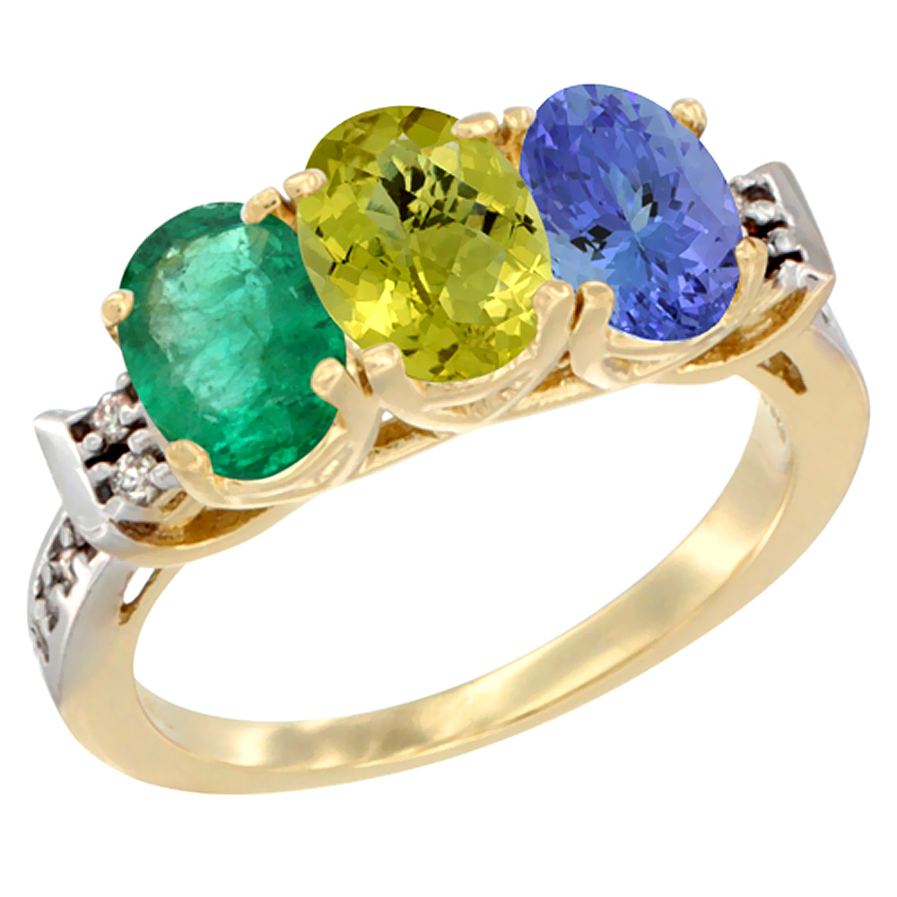 14K Yellow Gold Natural Emerald, Lemon Quartz & Tanzanite Ring 3-Stone Oval 7x5 mm Diamond Accent, sizes 5 - 10