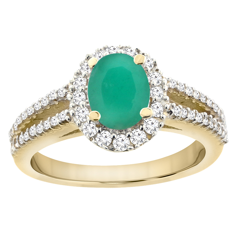 10K Yellow Gold Natural Cabochon Emerald Split Shank Halo Engagement Ring Oval 7x5 mm, sizes 5 - 10