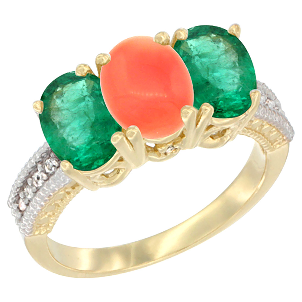14K Yellow Gold Natural Coral & Emerald Sides Ring 3-Stone 7x5 mm Oval Diamond Accent, sizes 5 - 10