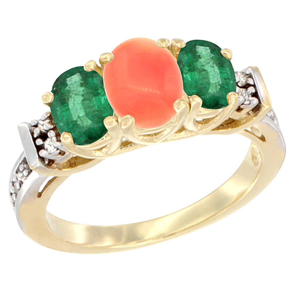 10K Yellow Gold Natural Coral & Emerald Ring 3-Stone Oval Diamond Accent