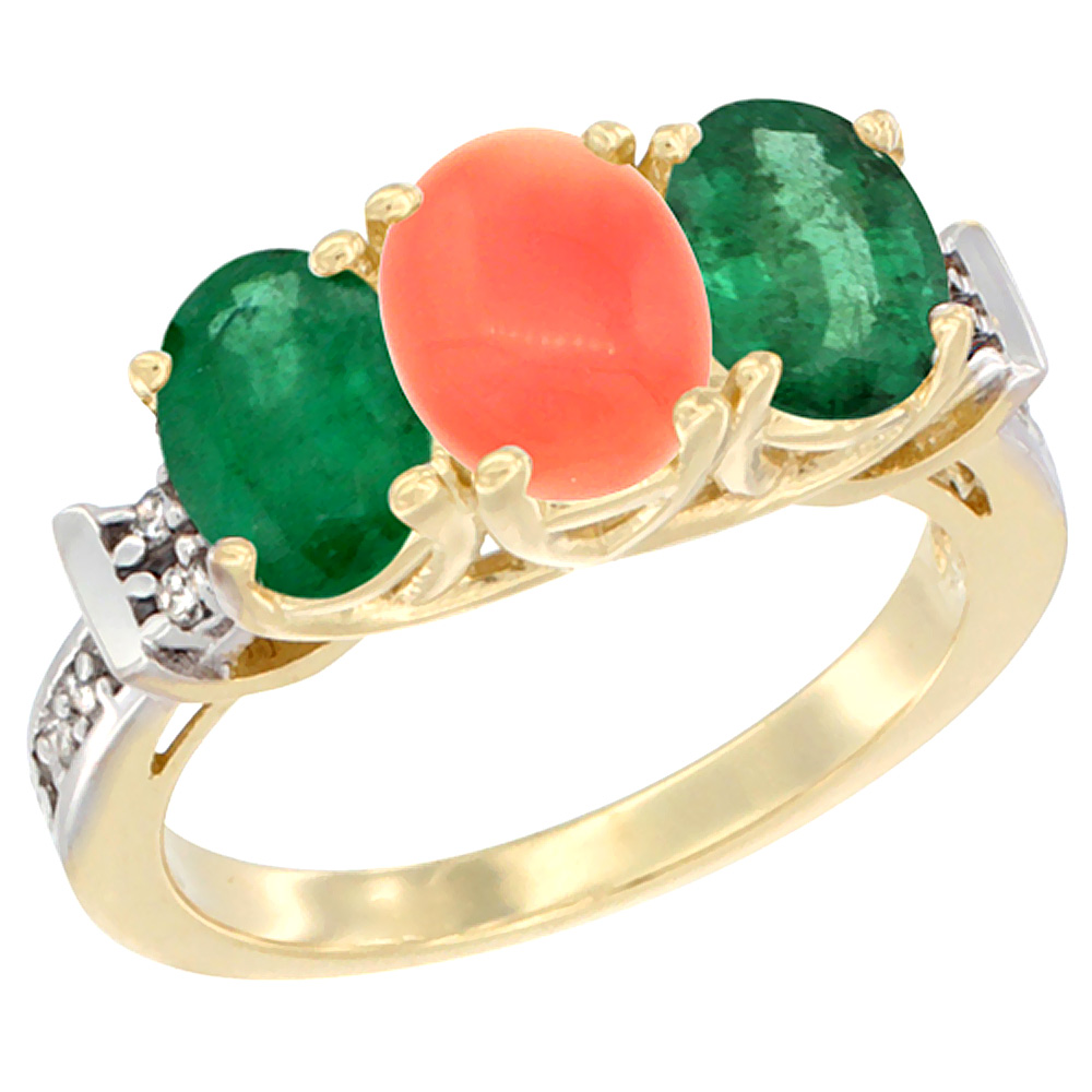 14K Yellow Gold Natural Coral & Emerald Sides Ring 3-Stone Oval Diamond Accent, sizes 5 - 10