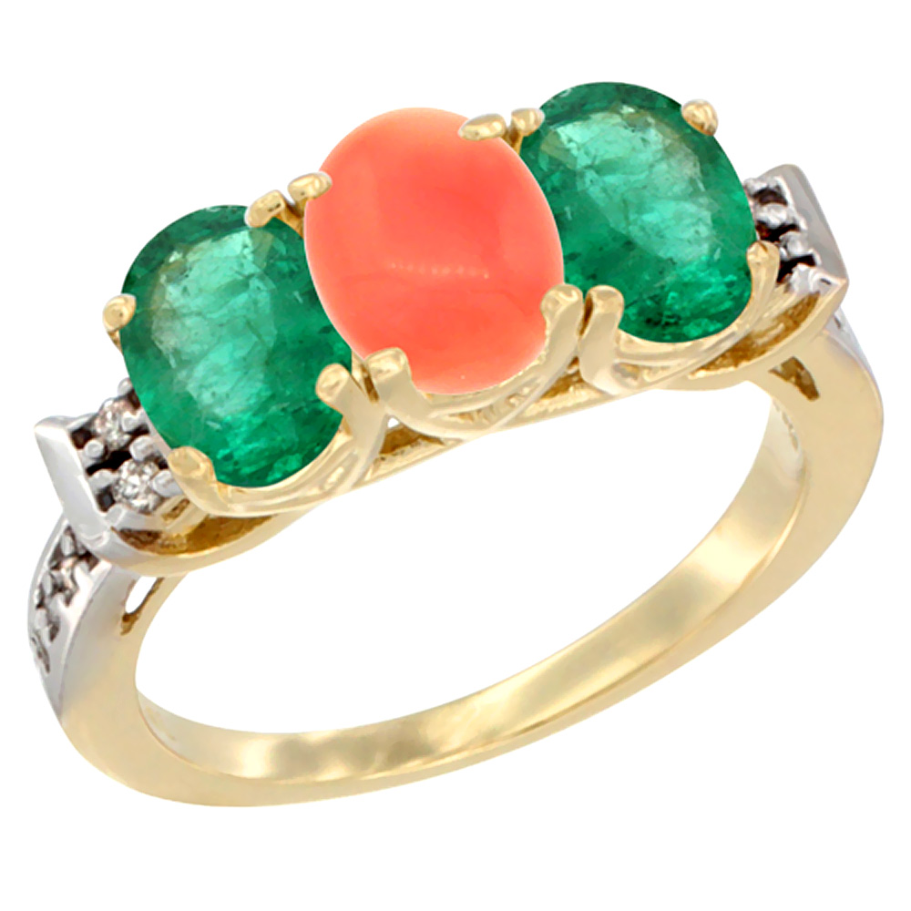 10K Yellow Gold Natural Coral &amp; Emerald Sides Ring 3-Stone Oval 7x5 mm Diamond Accent, sizes 5 - 10