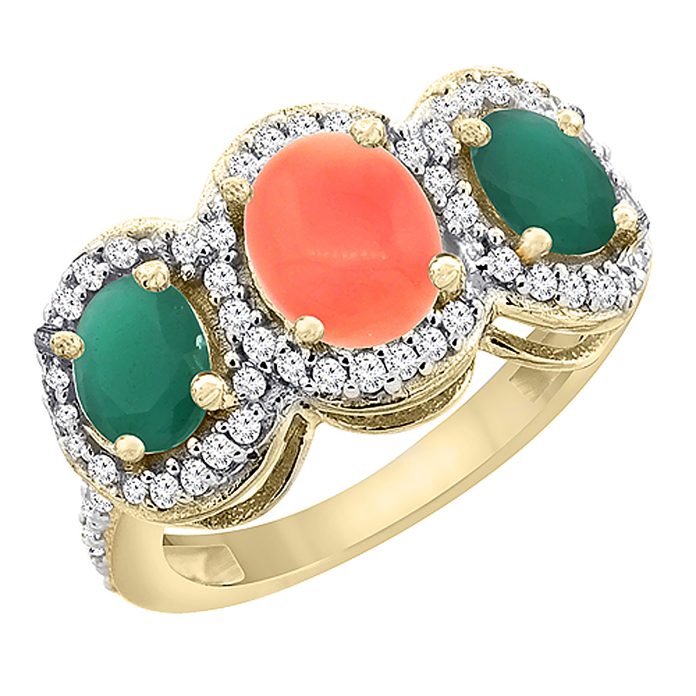 14K Yellow Gold Natural Coral &amp; Emerald 3-Stone Ring Oval Diamond Accent, sizes 5 - 10