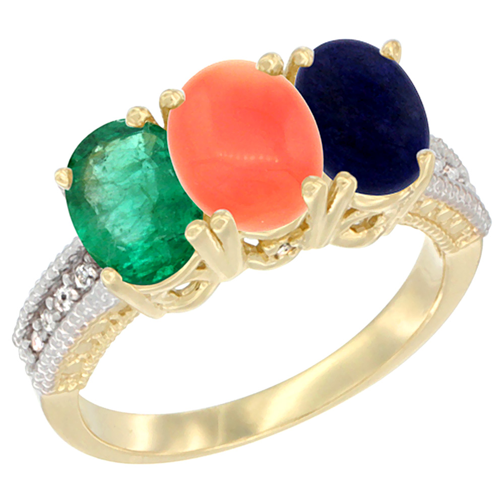 14K Yellow Gold Natural Emerald, Coral &amp; Lapis Ring 3-Stone 7x5 mm Oval Diamond Accent, sizes 5 - 10