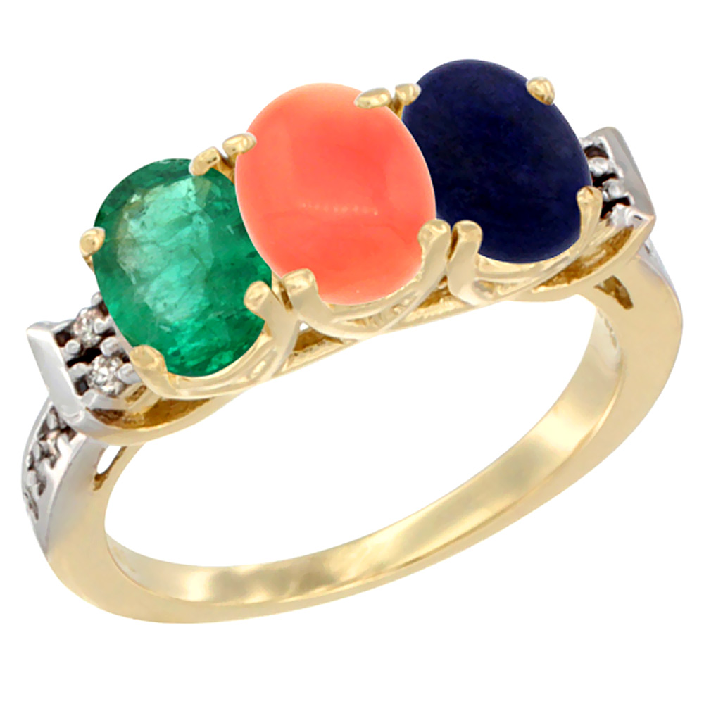10K Yellow Gold Natural Emerald, Coral & Lapis Ring 3-Stone Oval 7x5 mm Diamond Accent, sizes 5 - 10
