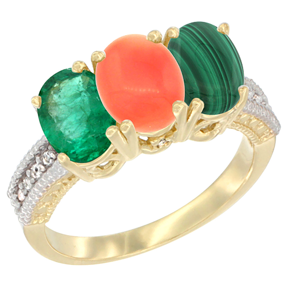 14K Yellow Gold Natural Emerald, Coral & Malachite Ring 3-Stone 7x5 mm Oval Diamond Accent, sizes 5 - 10