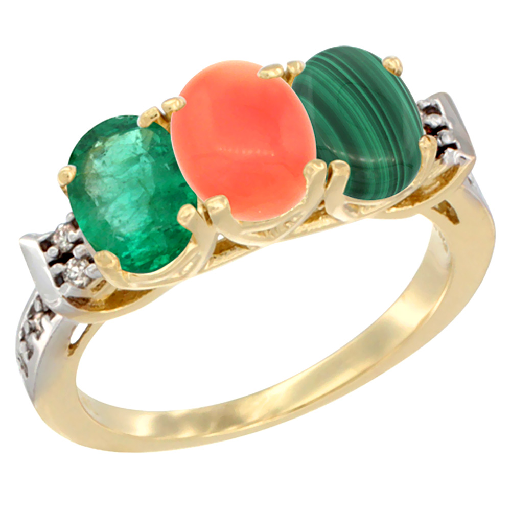 10K Yellow Gold Natural Emerald, Coral & Malachite Ring 3-Stone Oval 7x5 mm Diamond Accent, sizes 5 - 10