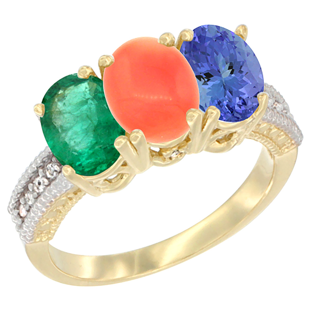 14K Yellow Gold Natural Emerald, Coral &amp; Tanzanite Ring 3-Stone 7x5 mm Oval Diamond Accent, sizes 5 - 10