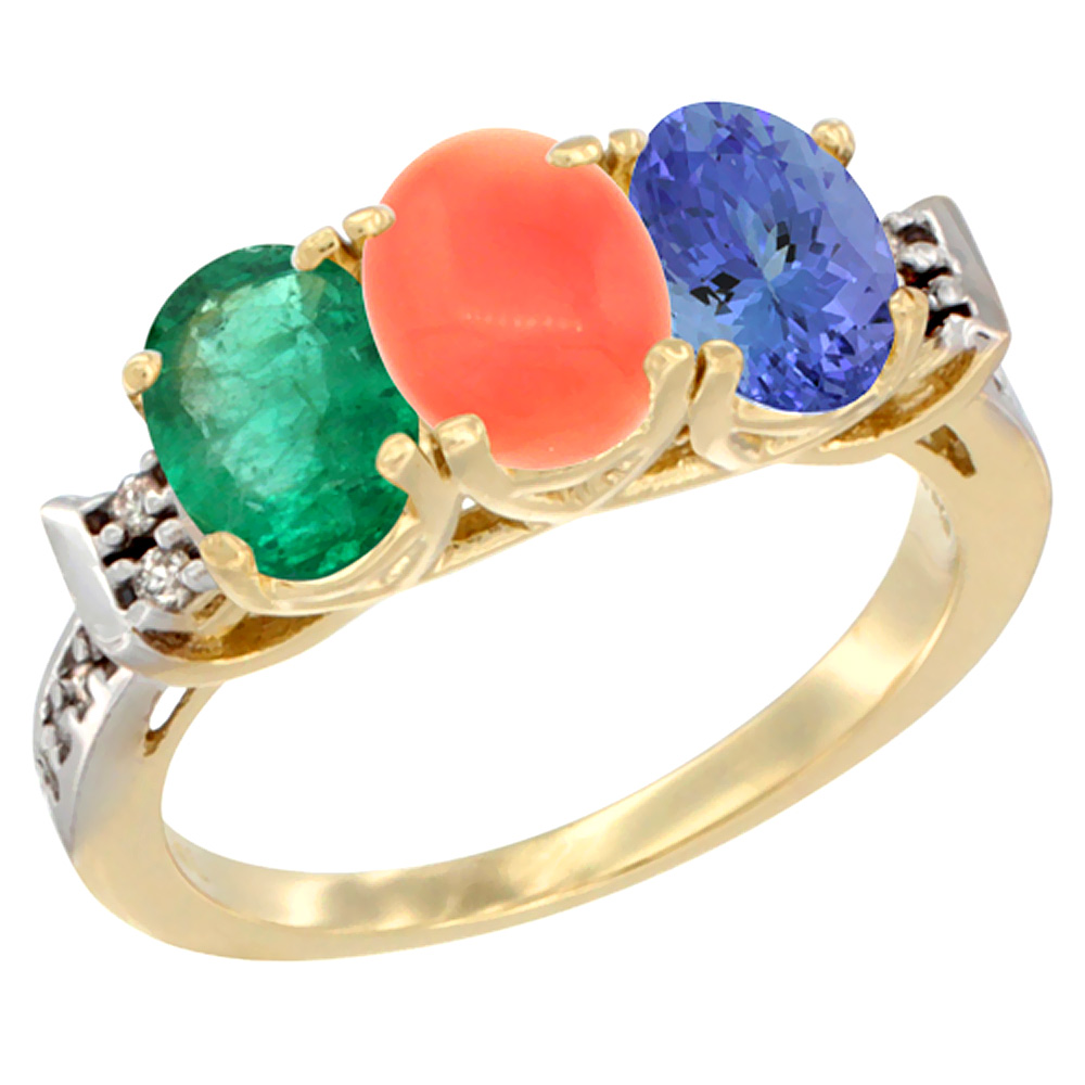 10K Yellow Gold Natural Emerald, Coral & Tanzanite Ring 3-Stone Oval 7x5 mm Diamond Accent, sizes 5 - 10