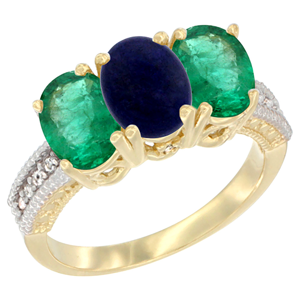14K Yellow Gold Natural Lapis &amp; Emerald Sides Ring 3-Stone 7x5 mm Oval Diamond Accent, sizes 5 - 10