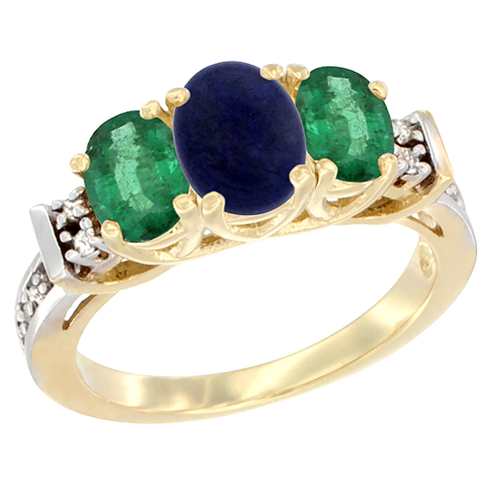 14K Yellow Gold Natural Lapis &amp; Emerald Ring 3-Stone Oval Diamond Accent