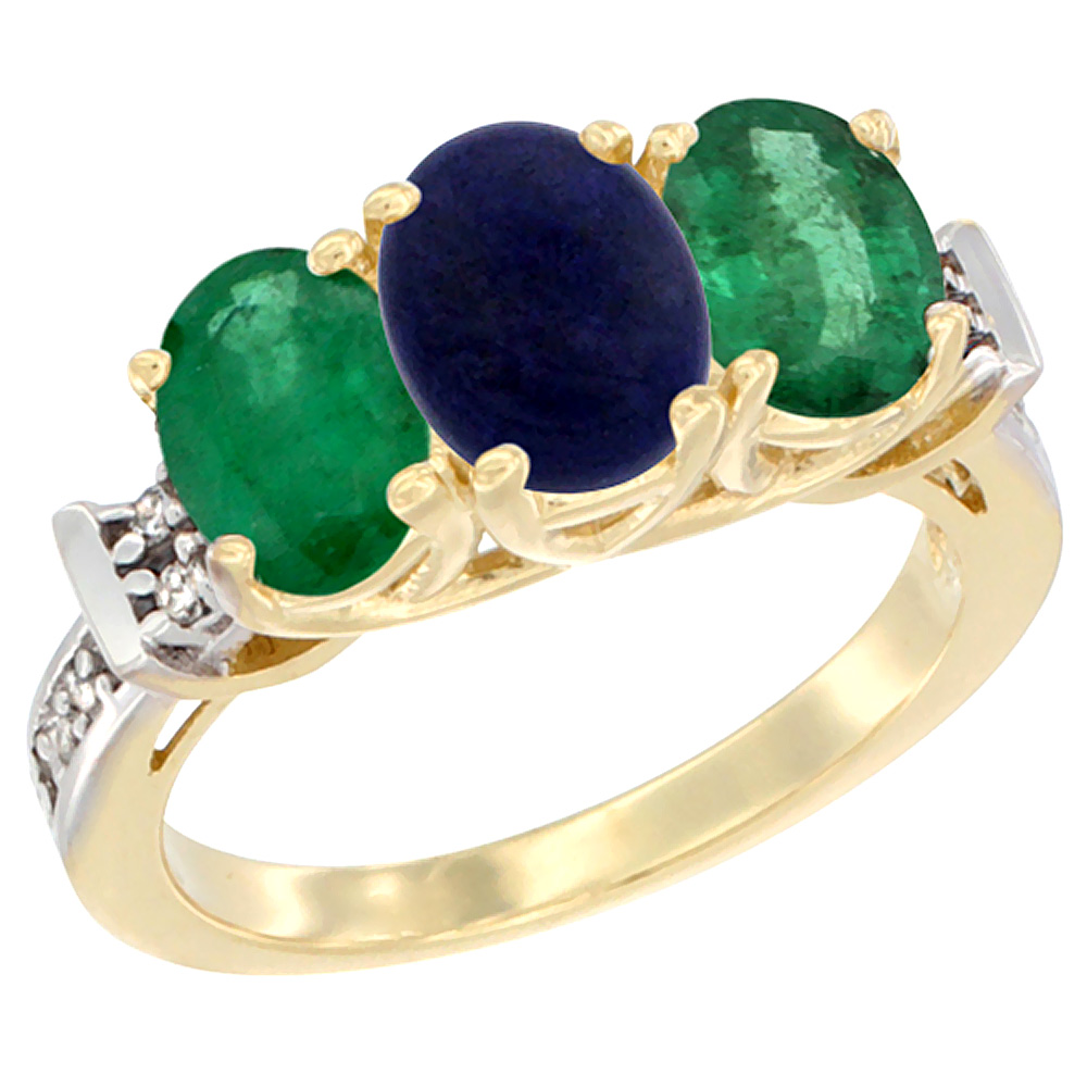14K Yellow Gold Natural Lapis & Emerald Sides Ring 3-Stone Oval Diamond Accent, sizes 5 - 10