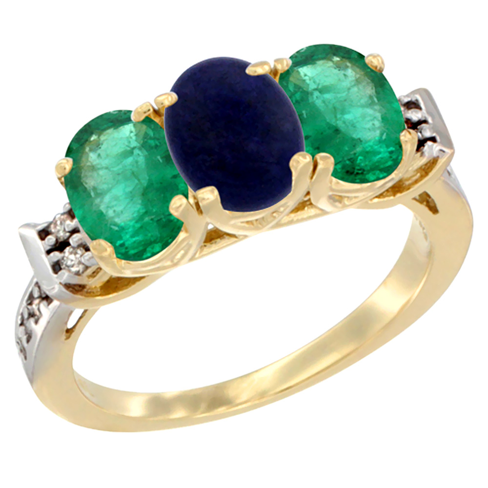 10K Yellow Gold Natural Lapis &amp; Emerald Sides Ring 3-Stone Oval 7x5 mm Diamond Accent, sizes 5 - 10