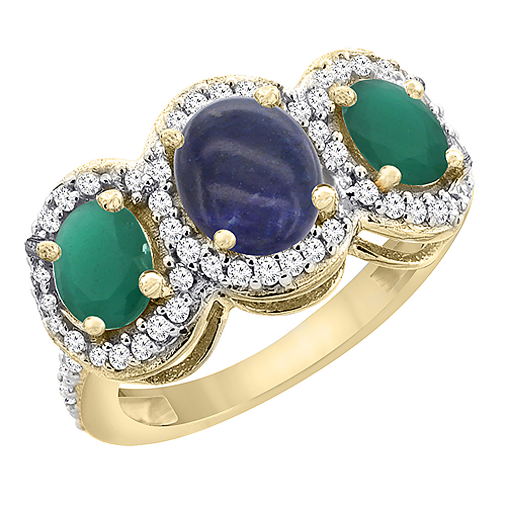 14K Yellow Gold Natural Lapis & Cabochon Emerald 3-Stone Ring Oval Diamond Accent, sizes 5 - 10