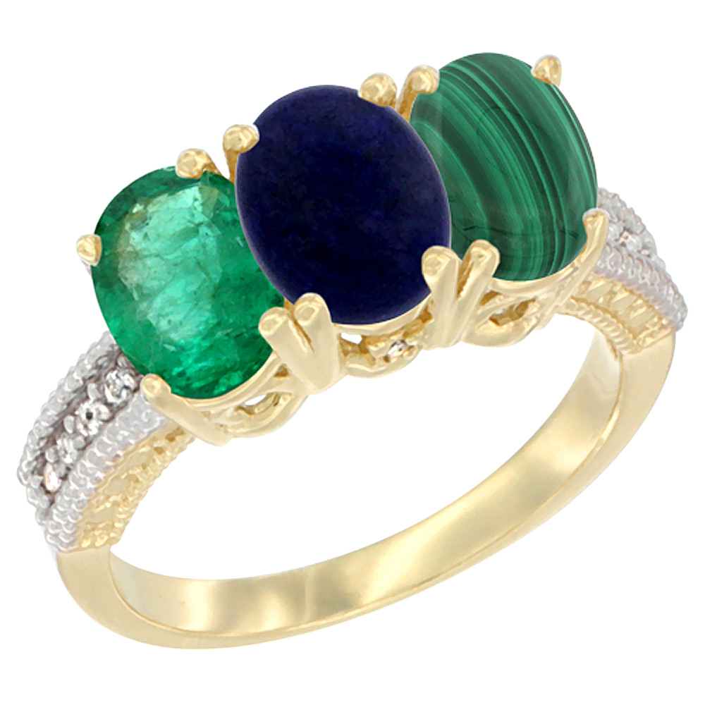 10K Yellow Gold Diamond Natural Emerald, Lapis & Malachite Ring 3-Stone 7x5 mm Oval, sizes 5 - 10