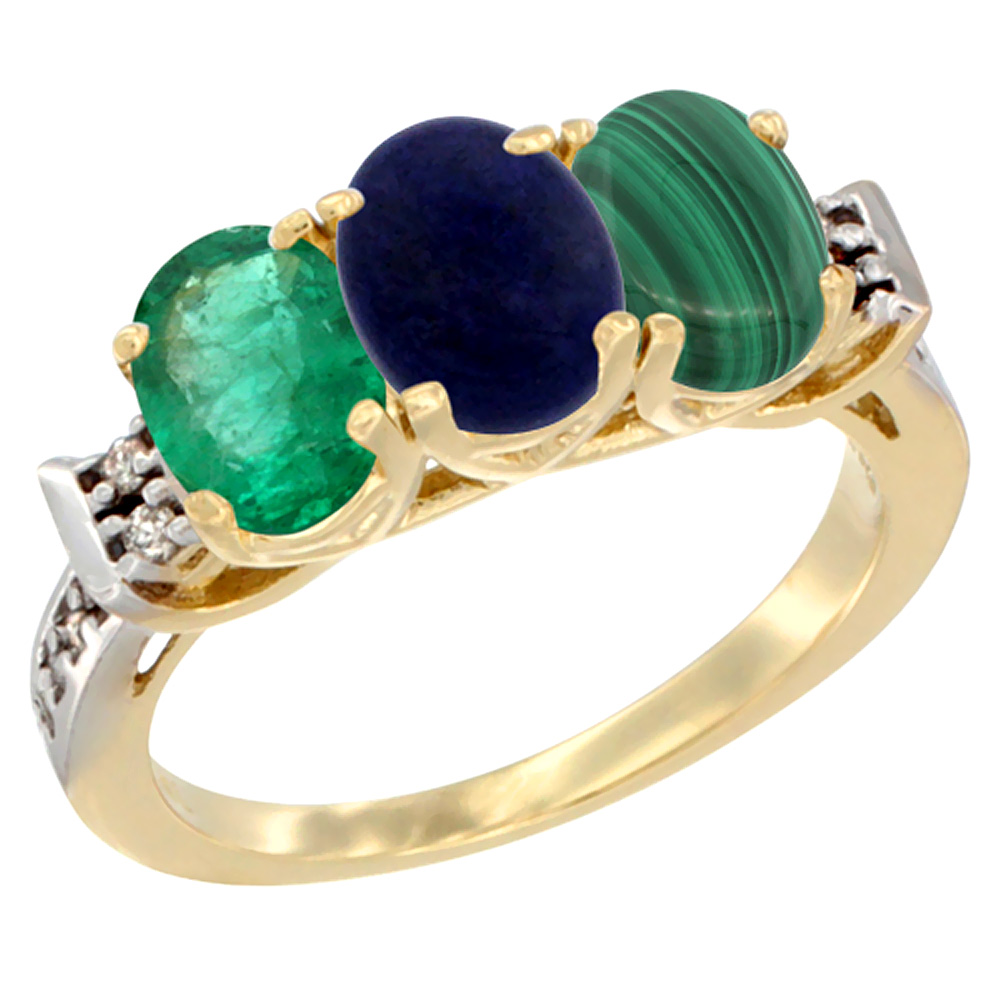 14K Yellow Gold Natural Emerald, Lapis &amp; Malachite Ring 3-Stone Oval 7x5 mm Diamond Accent, sizes 5 - 10