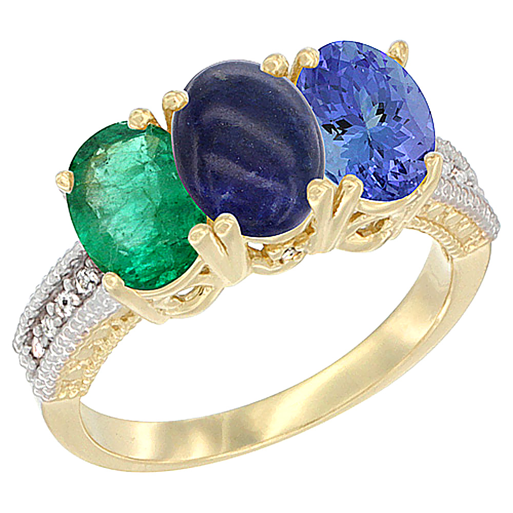14K Yellow Gold Natural Emerald, Lapis &amp; Tanzanite Ring 3-Stone 7x5 mm Oval Diamond Accent, sizes 5 - 10