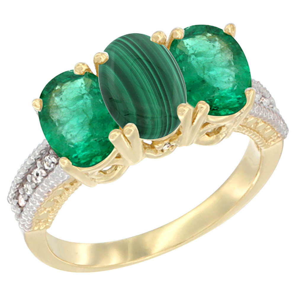 14K Yellow Gold Natural Malachite &amp; Emerald Sides Ring 3-Stone 7x5 mm Oval Diamond Accent, sizes 5 - 10