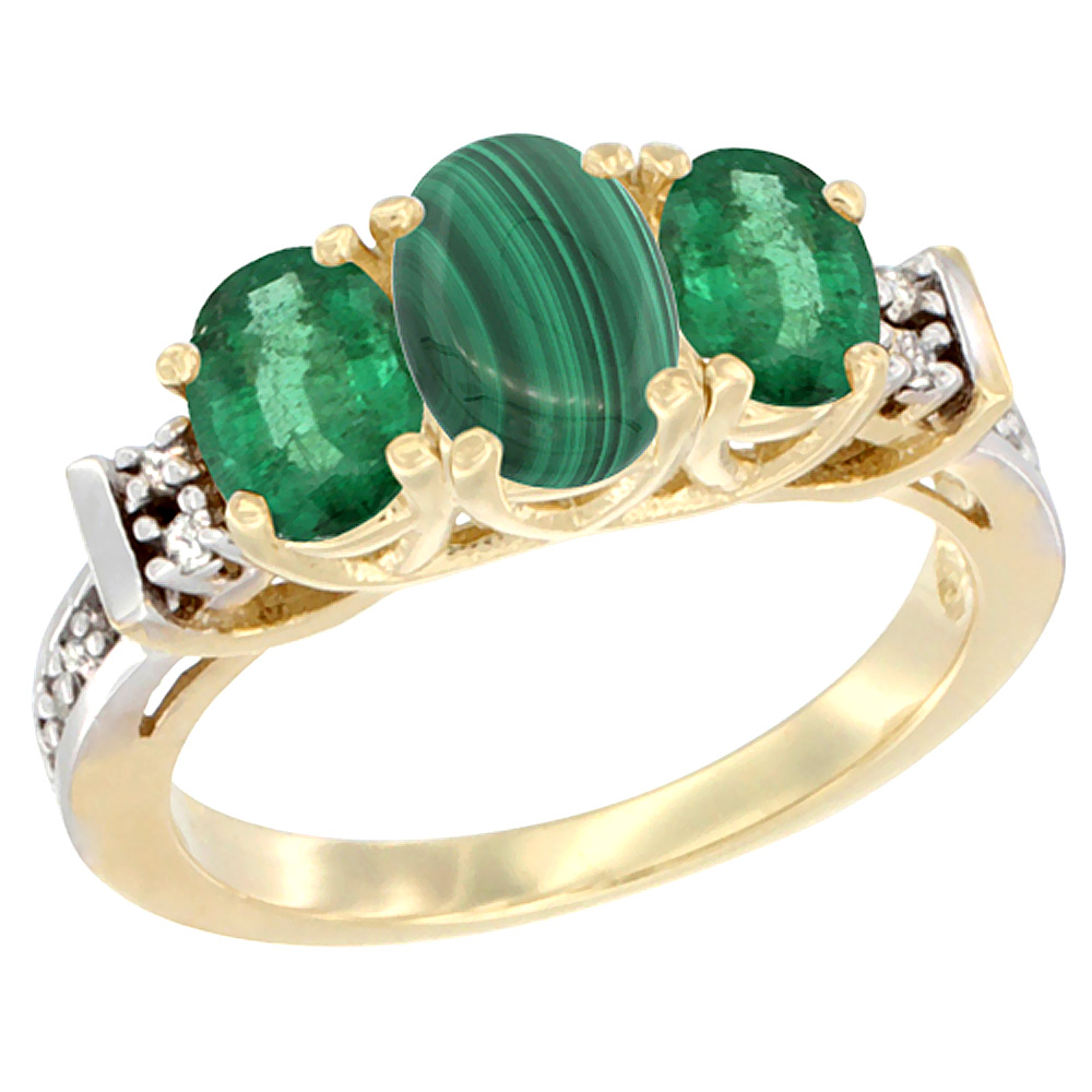 14K Yellow Gold Natural Malachite &amp; Emerald Ring 3-Stone Oval Diamond Accent