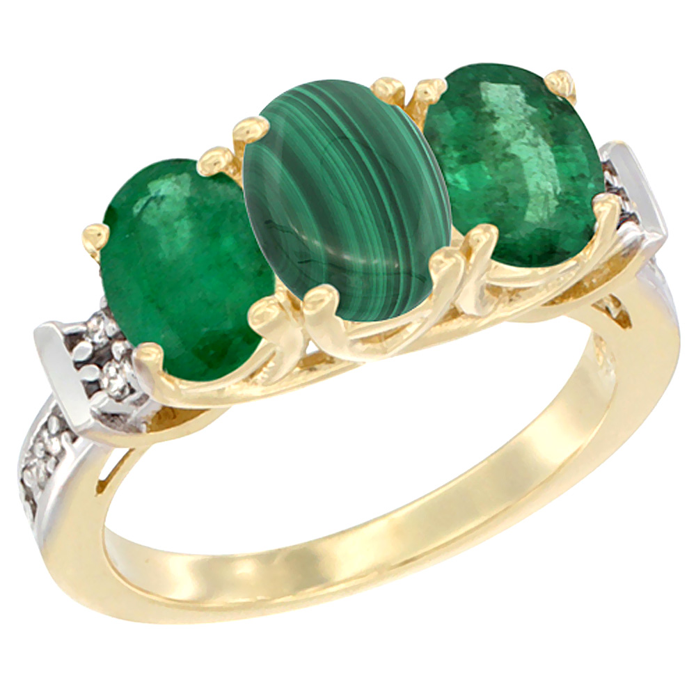 10K Yellow Gold Natural Malachite & Emerald Sides Ring 3-Stone Oval Diamond Accent, sizes 5 - 10