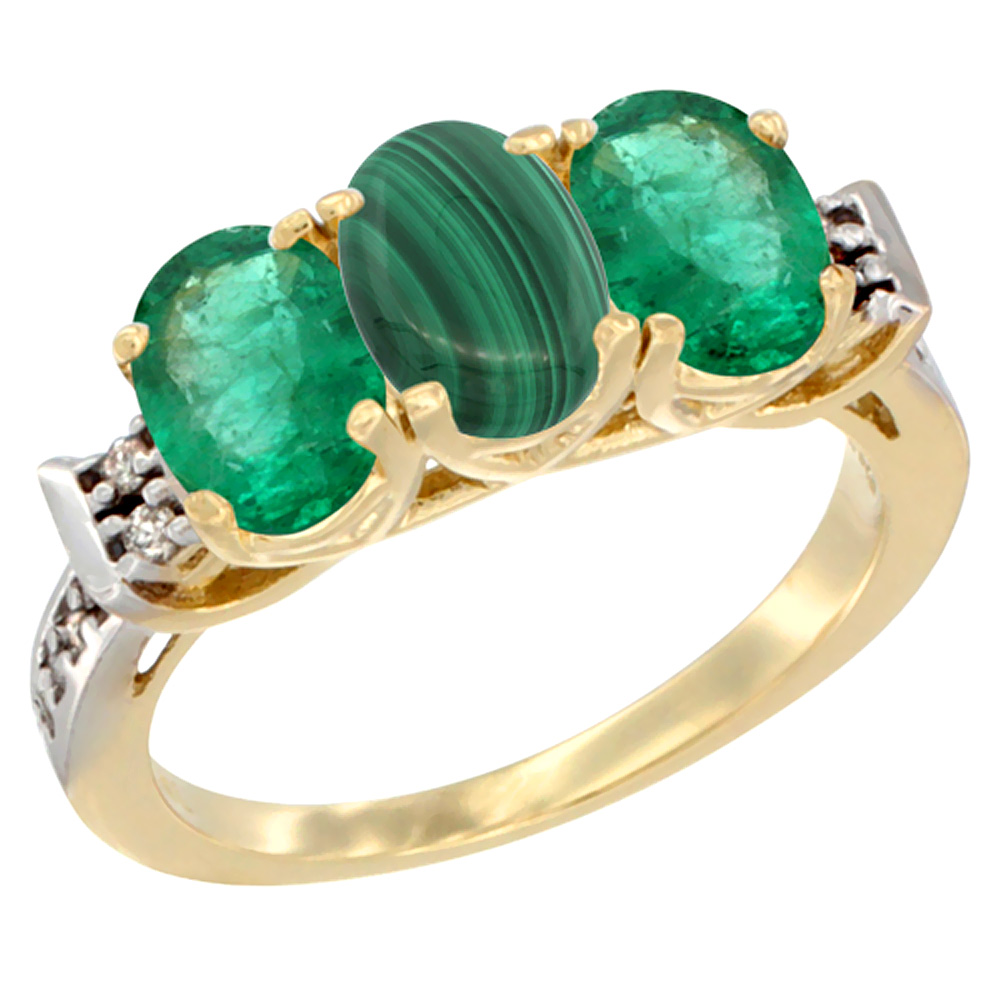 10K Yellow Gold Natural Malachite & Emerald Sides Ring 3-Stone Oval 7x5 mm Diamond Accent, sizes 5 - 10