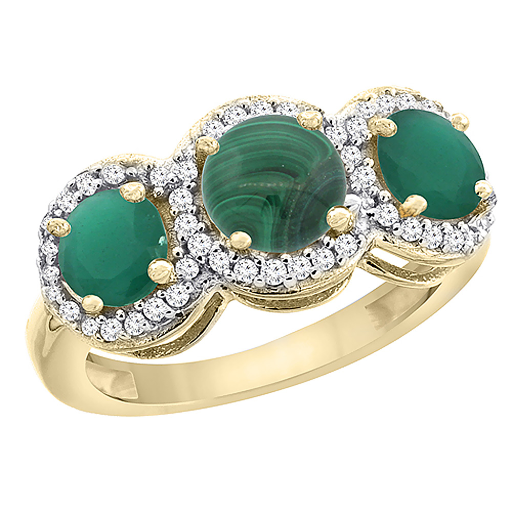 14K Yellow Gold Natural Malachite &amp; Emerald Sides Round 3-stone Ring Diamond Accents, sizes 5 - 10