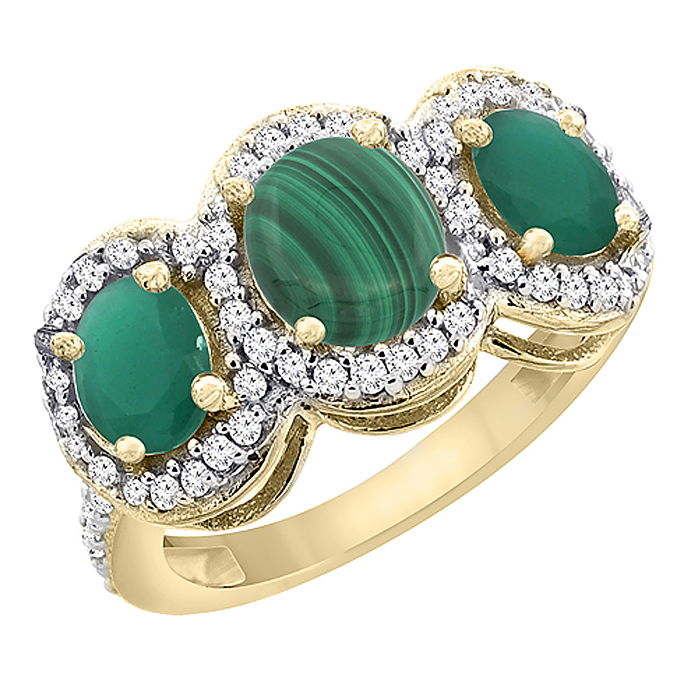 14K Yellow Gold Natural Malachite &amp; Cabochon Emerald 3-Stone Ring Oval Diamond Accent, sizes 5 - 10