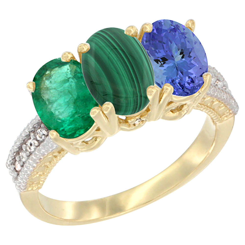 14K Yellow Gold Natural Emerald, Malachite & Tanzanite Ring 3-Stone 7x5 mm Oval Diamond Accent, sizes 5 - 10