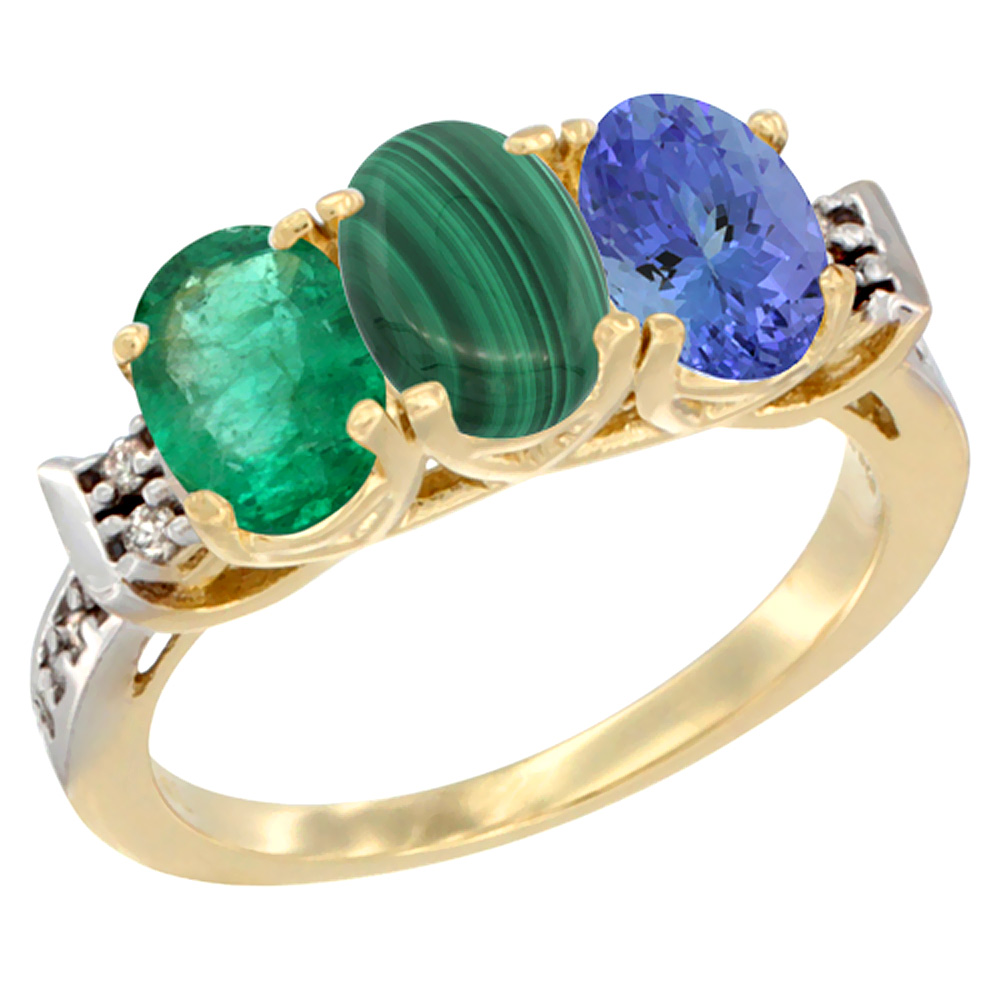 14K Yellow Gold Natural Emerald, Malachite &amp; Tanzanite Ring 3-Stone Oval 7x5 mm Diamond Accent, sizes 5 - 10
